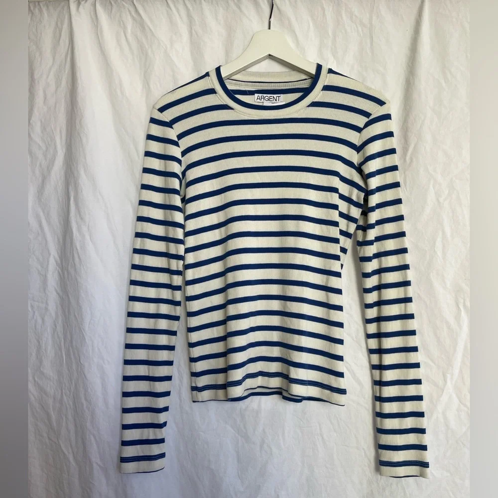 Argent Striped Long Sleeve Crew Neck Top Navy & White Ribbed Knit Capsule Size S